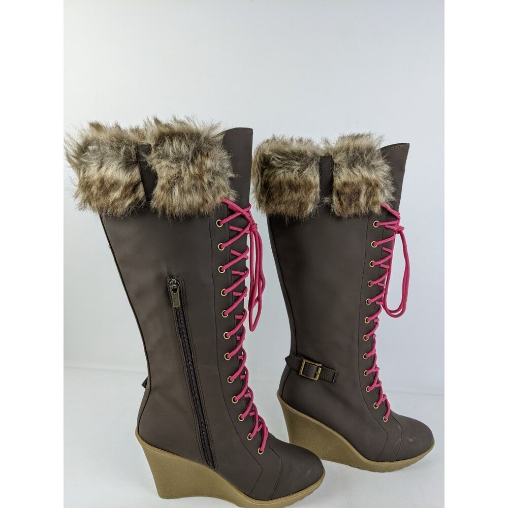 Colin Stuart Faux Fur Wedge Heel Womens Size 10B Brown Knee High Pink Laces - Picture 6 of 12